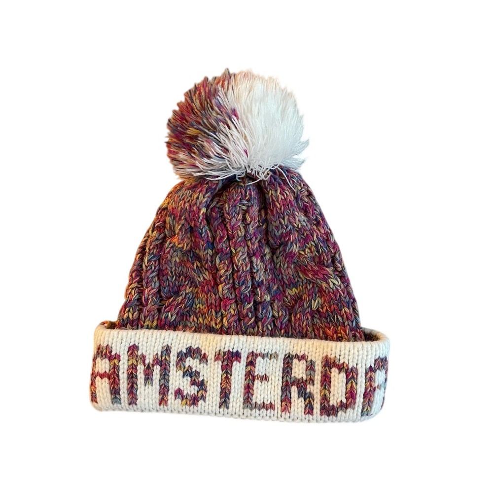 Robin Ruth Amsterdam Beanie Multi Color Cable Knit Pom Pom Souvenir Hat Fleece